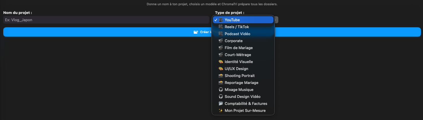 Les modèles proposés à la création d’un projet