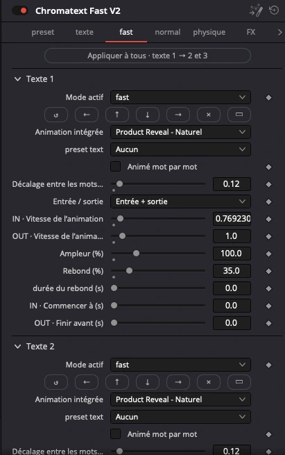 Mode Fast : animation, direction, décalage des mots et rebond de chaque texte
